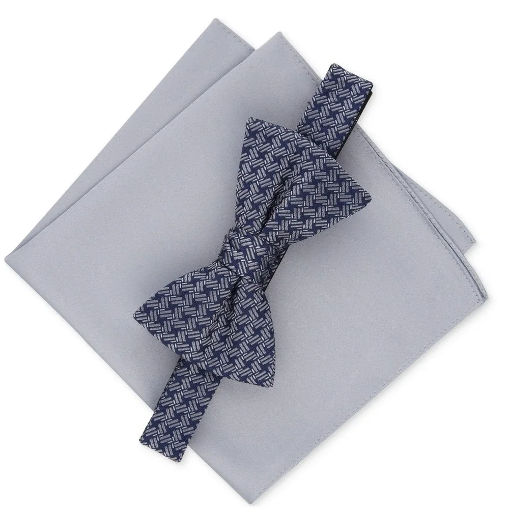 Alfani Mens Bow Tie and Pocket Square Set OS Blue/Silver Textured Formal Necktie